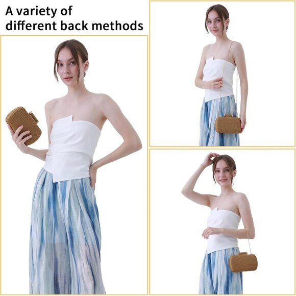 Brown Straw Clutch Purse Women's Hand-Woven Wicker Evening Bag for Summer Weddin - Picture 4 of 7
